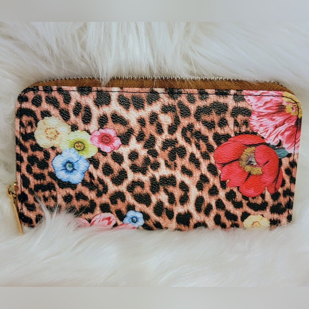 Wild Blooms Cheetah Floral Print Pocketbook, Zip Closure, Card Slots Extra Clean